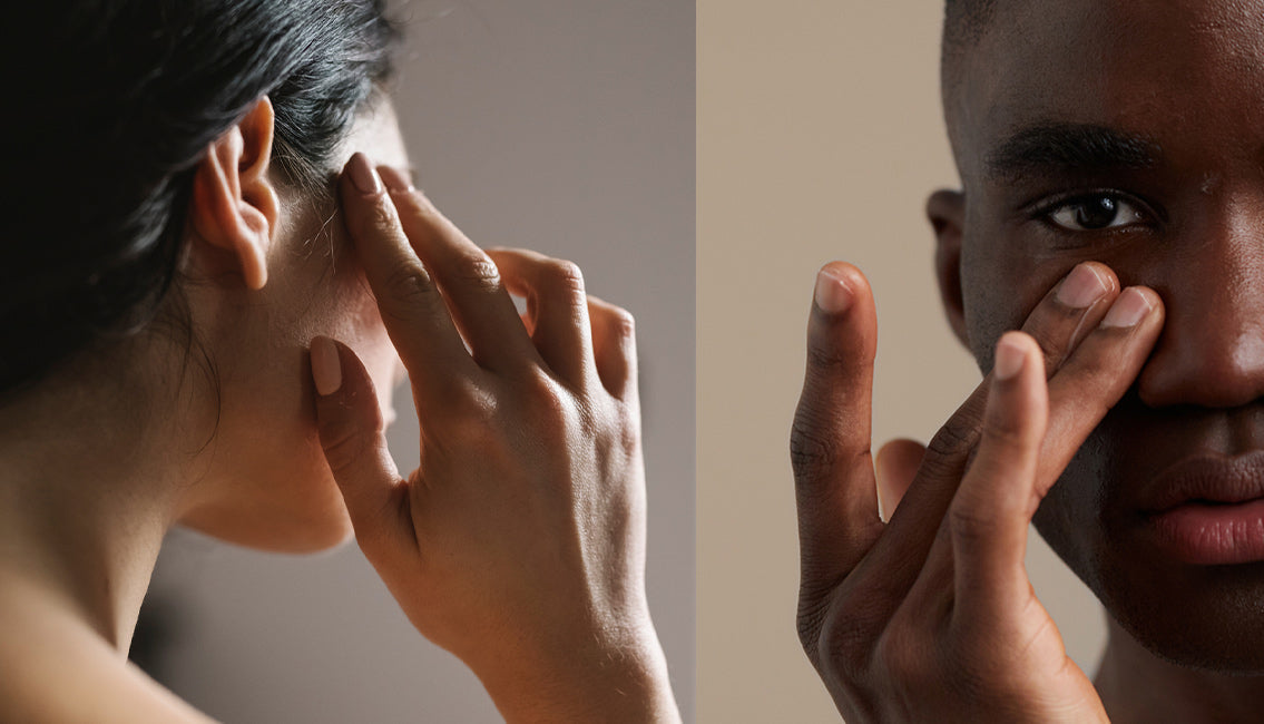 Woman massaging temples, man applying skincare