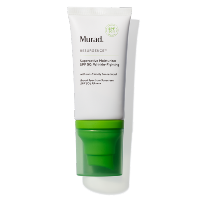 Murad Resurgence Superactive Moisturizer SPF 50 in a white squeeze tube with a green cap, shown on a white background with a soft shadow.