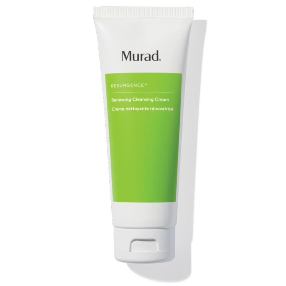 A white squeeze tube of Murad Resurgence Renewing Cleansing Cream with a bright green label panel, shown on a clean white background with a soft shadow.