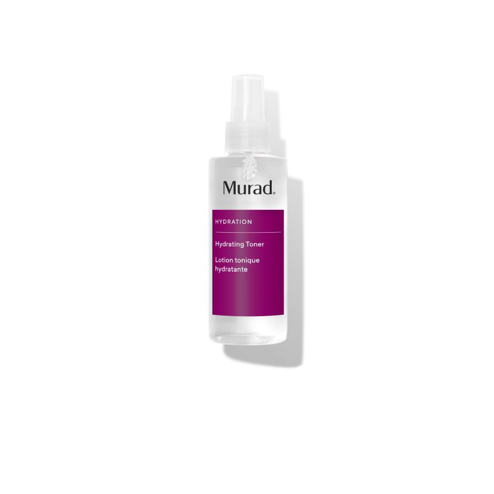 Murad Hydrating Toner bottle with purple label and clear pump dispenser on white background.