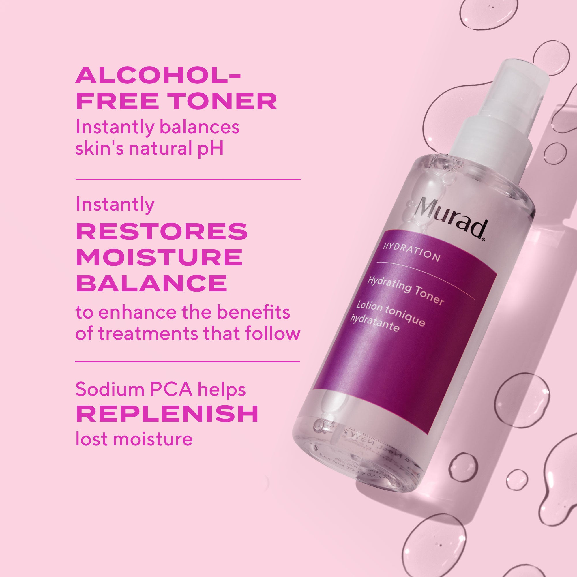 Clear bottle with white pump top and purple band labeled "Murad Hydrating Toner" on pink background with water droplets.