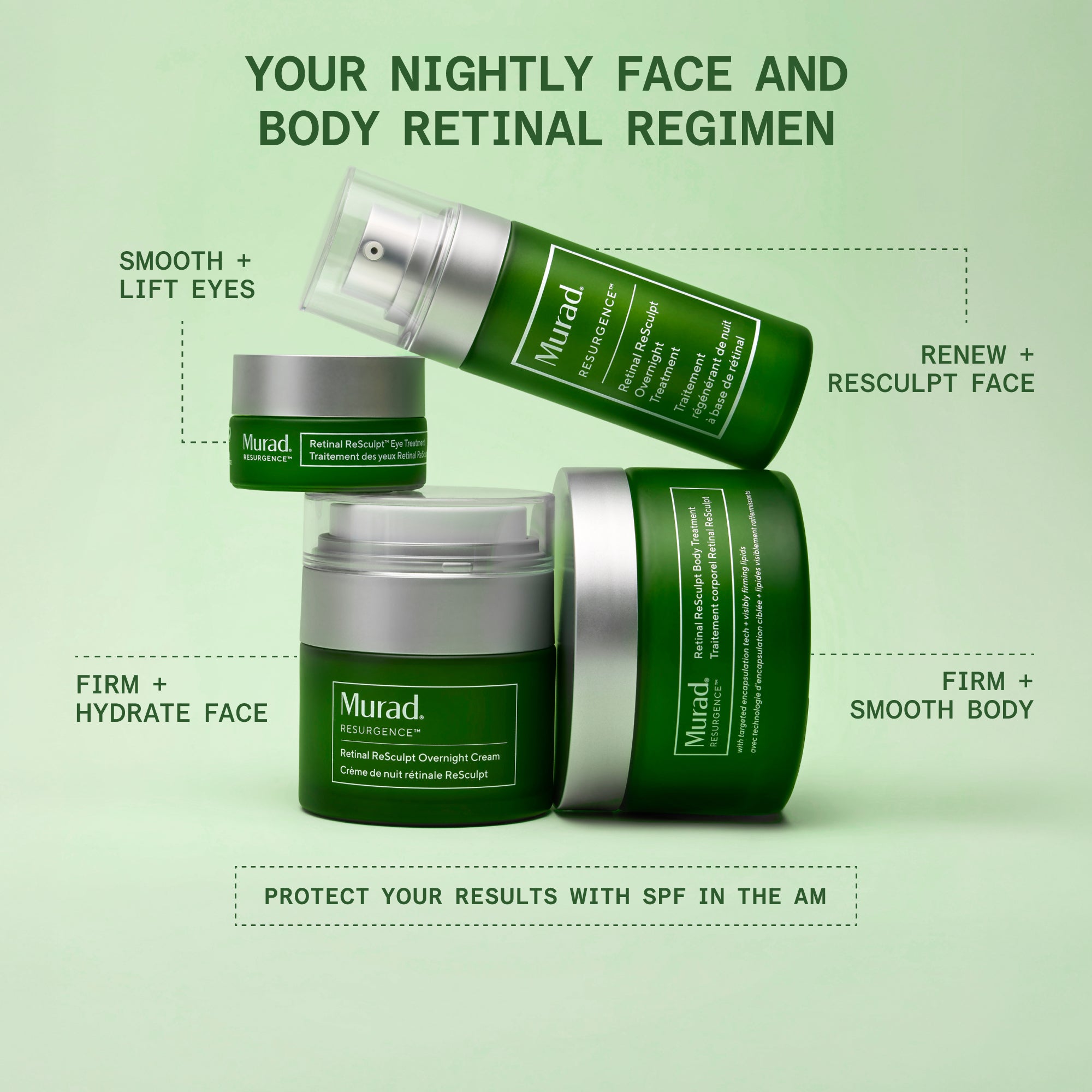 Four green Murad Retinal ReSculpt products with silver caps arranged on pale green background with benefit labels.