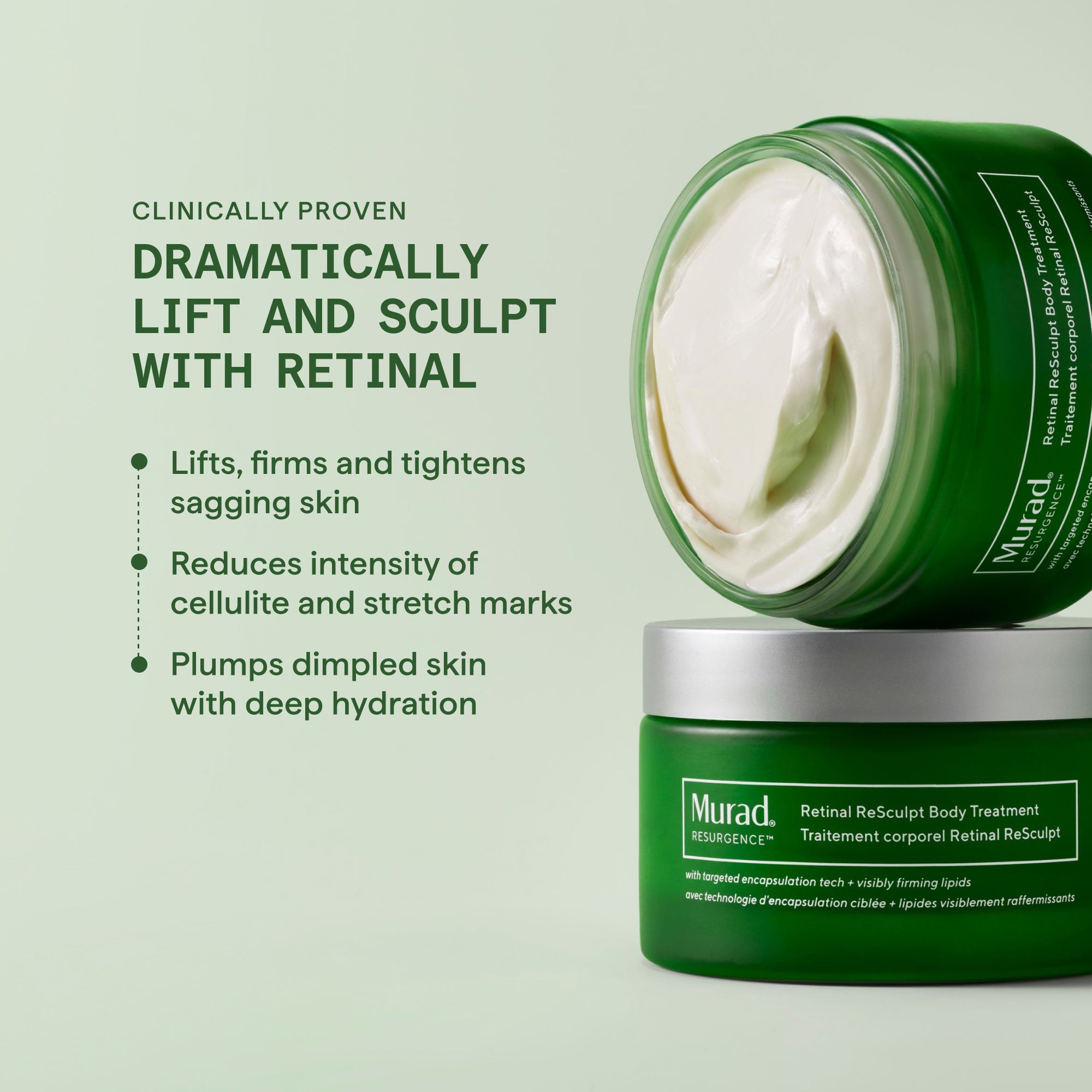 Green jar of Murad Retinal ReSculpt Body Treatment with white cream visible inside and silver lid.
