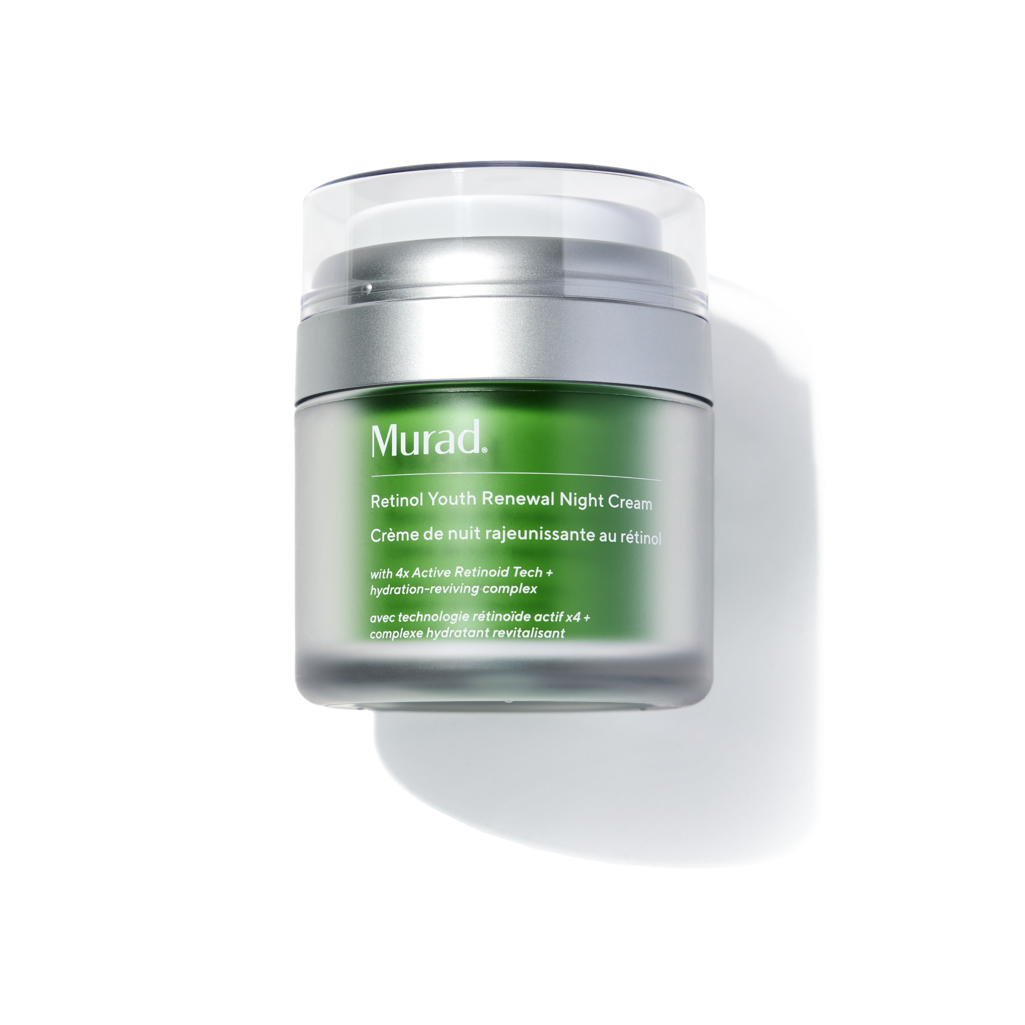 Green jar of Murad Retinol Youth Renewal Night Cream with silver lid and white cap on white background.