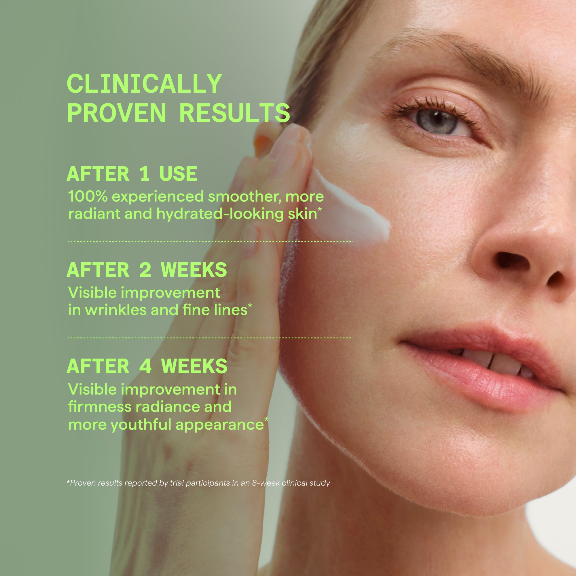 Close-up of woman's face showing skin texture around eyes, nose, and lips with text describing skincare results.