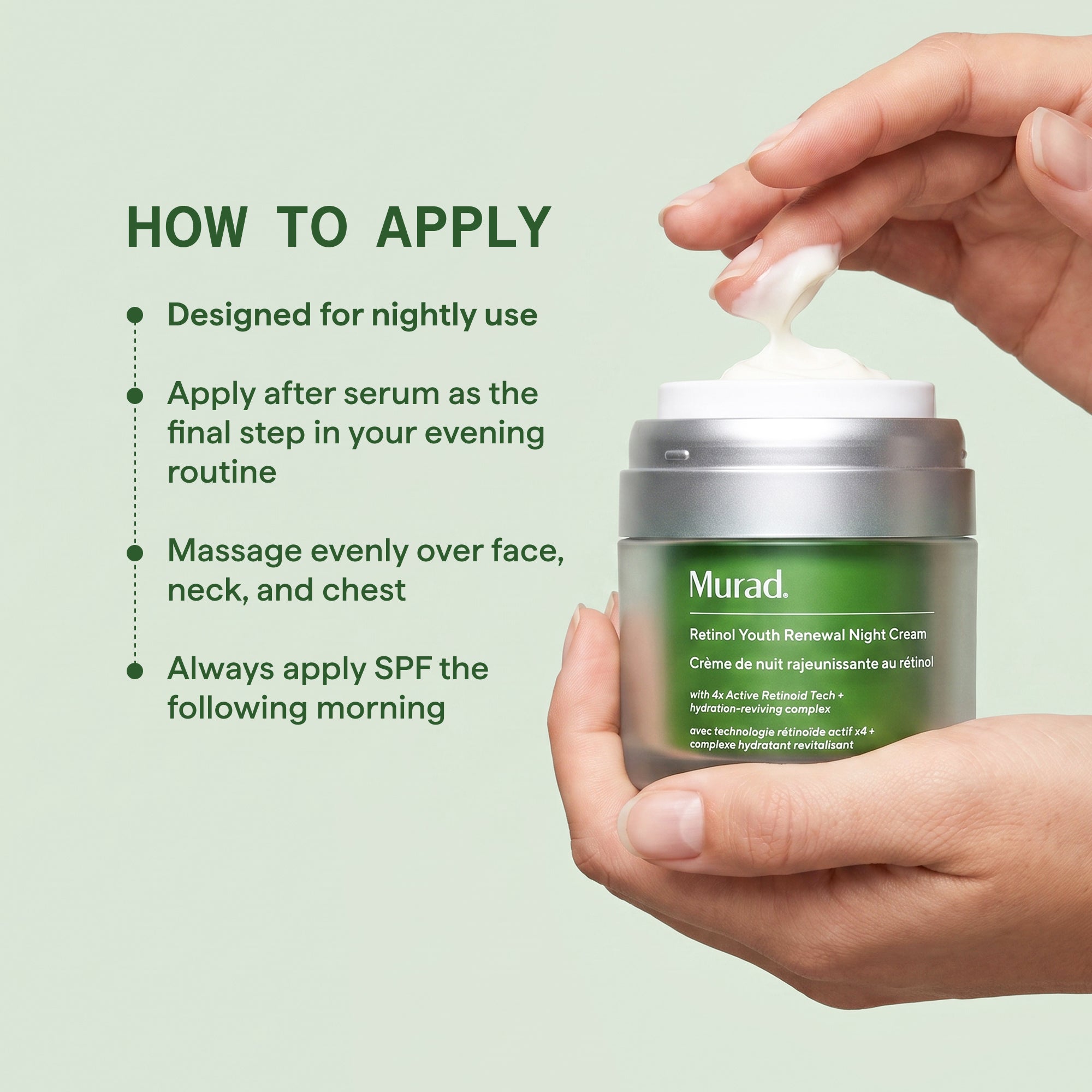 Hand holding open jar of Murad Retinol Youth Renewal Night Cream with white cream visible inside and application instructions