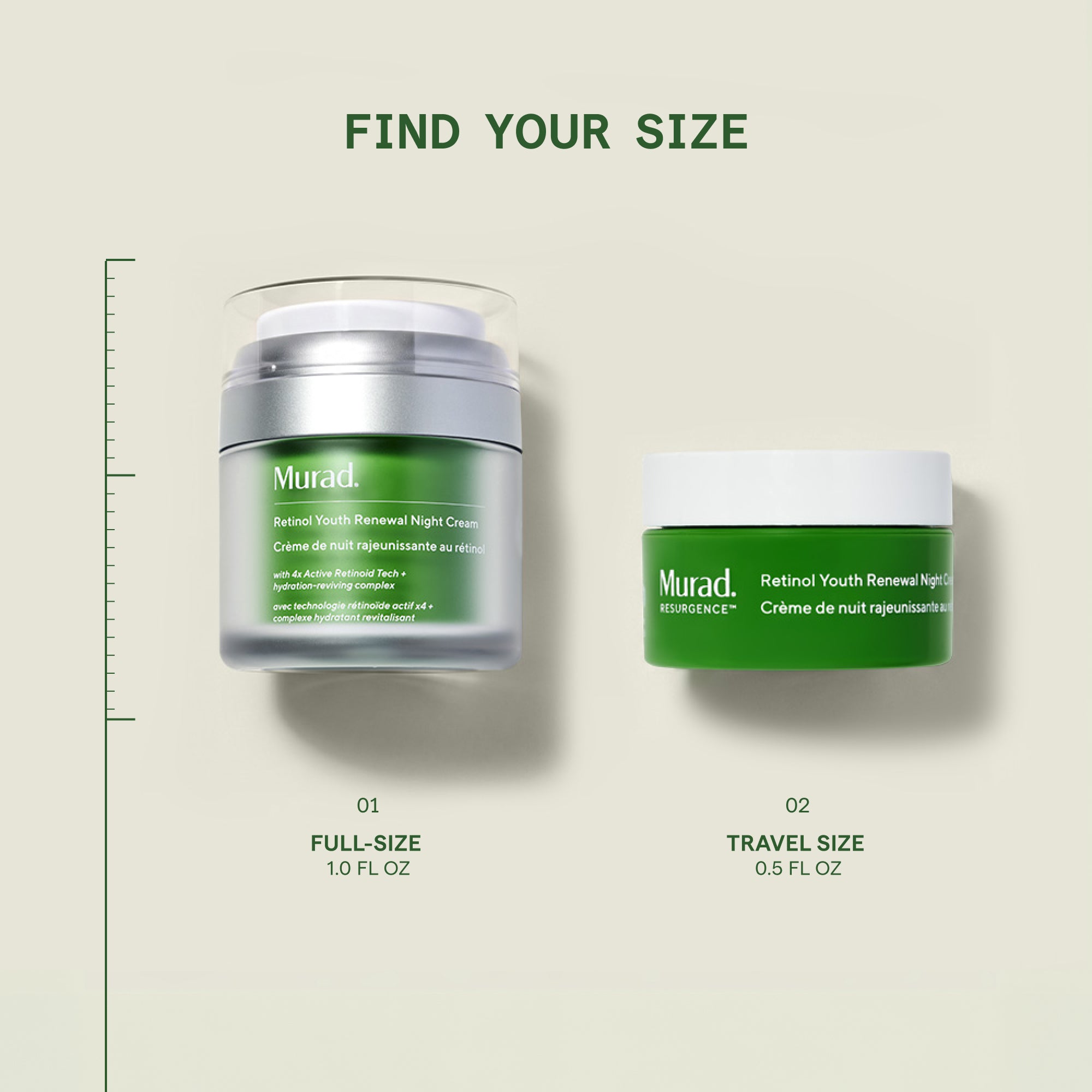 Two Murad Retinol Youth Renewal Night Cream jars shown in full-size (1.0 FL OZ) and travel-size (0.5 FL OZ) with green cream 