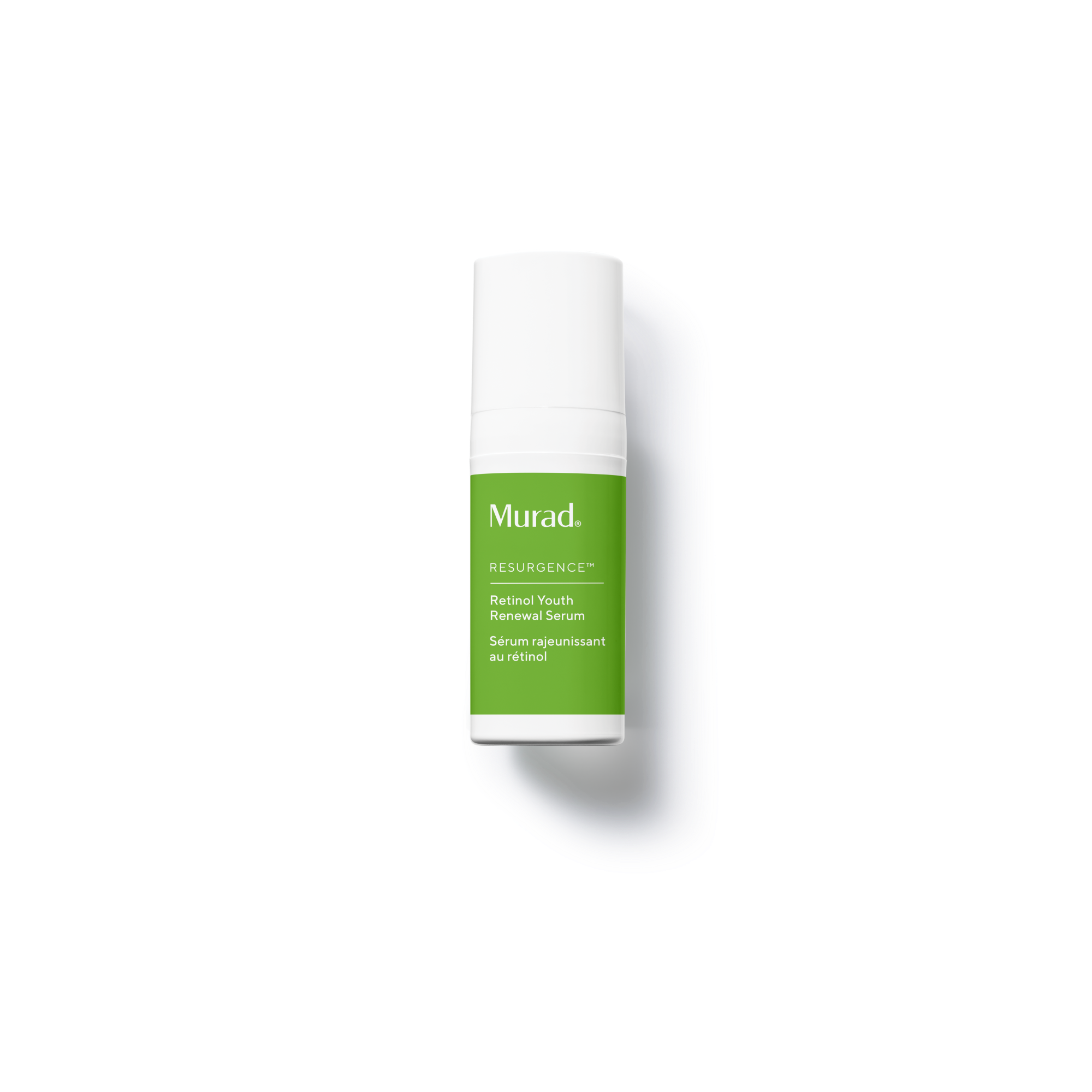 Murad Resurgence Retired Mouth Removal Serum in a white cylindrical bottle with a green label, shown on a clean white background with a soft shadow.