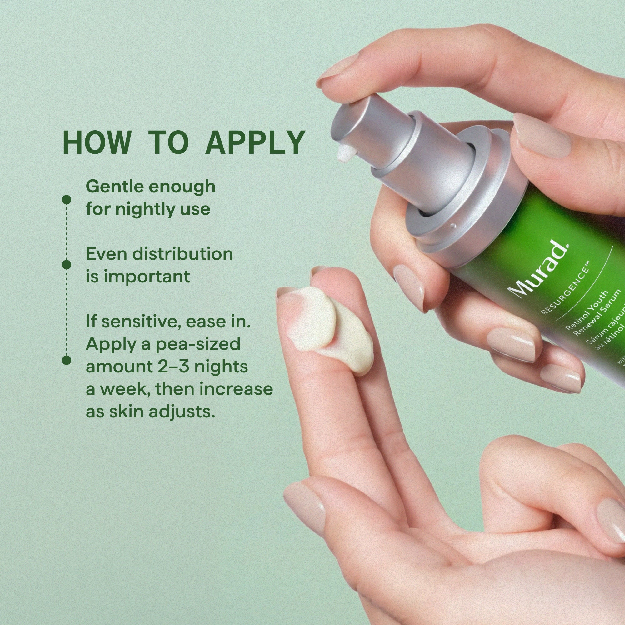 A close-up of hands applying a pea-sized amount of Murad Transdermaic Translucent Moisturizer onto the back of another hand, next to a green and silver pump bottle, with text detailing how to apply the product on a light green background.