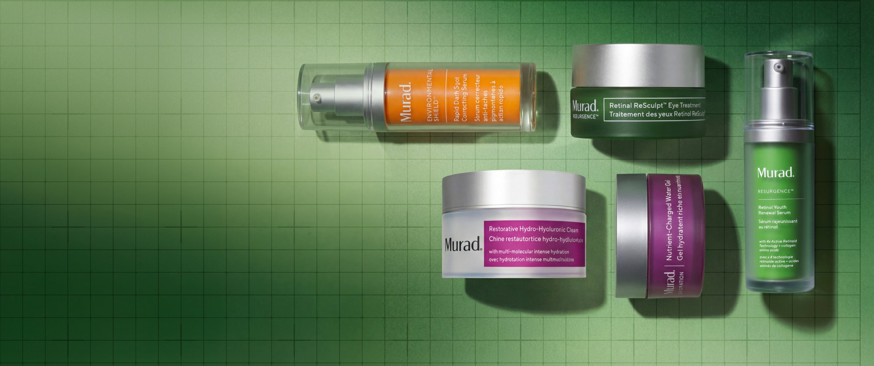 Five skincare products from the brand Mirad are arranged on a green grid background. The products include various bottles and jars in orange, green, purple, and white packaging, with some items showing their lids off.