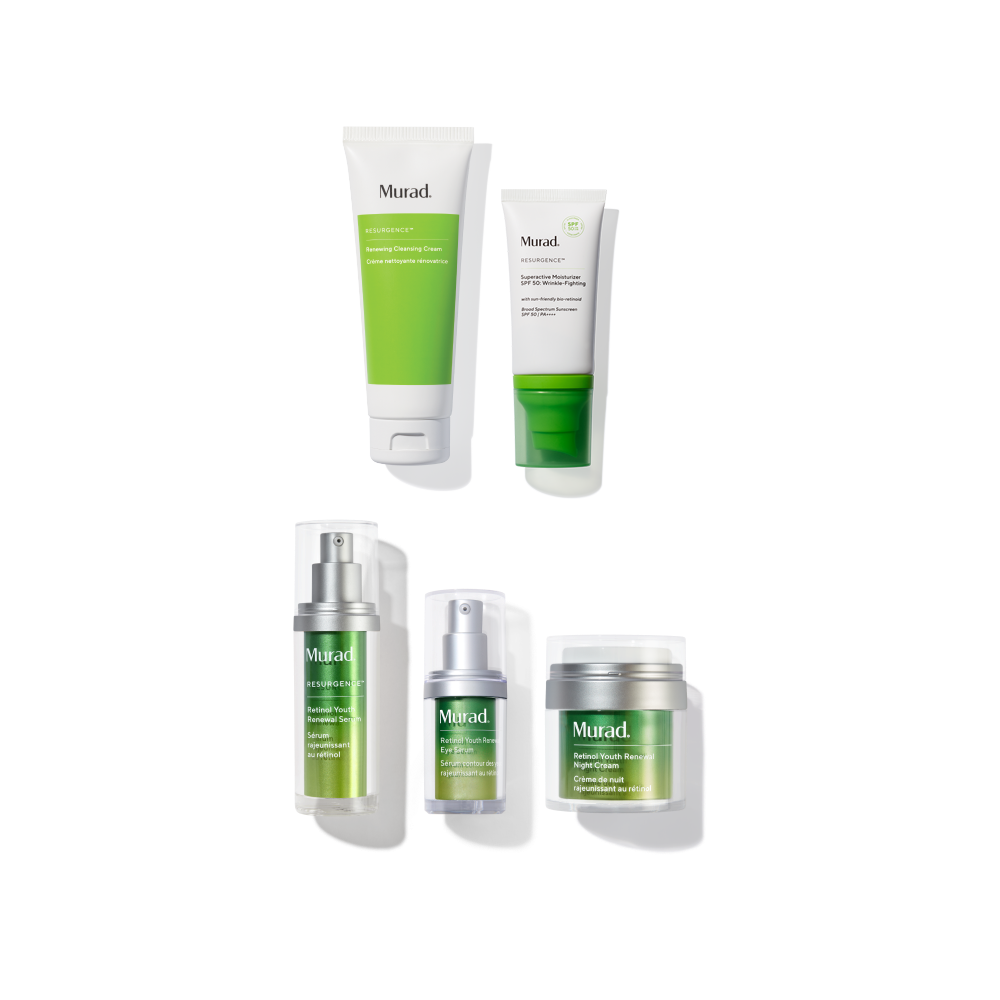 Five Murad skincare products arranged on a white background: two tall tubes at the top, two smaller bottles with silver pumps at the bottom left, and one jar at the bottom right. The products are primarily white with bright green labels and some silver packaging.