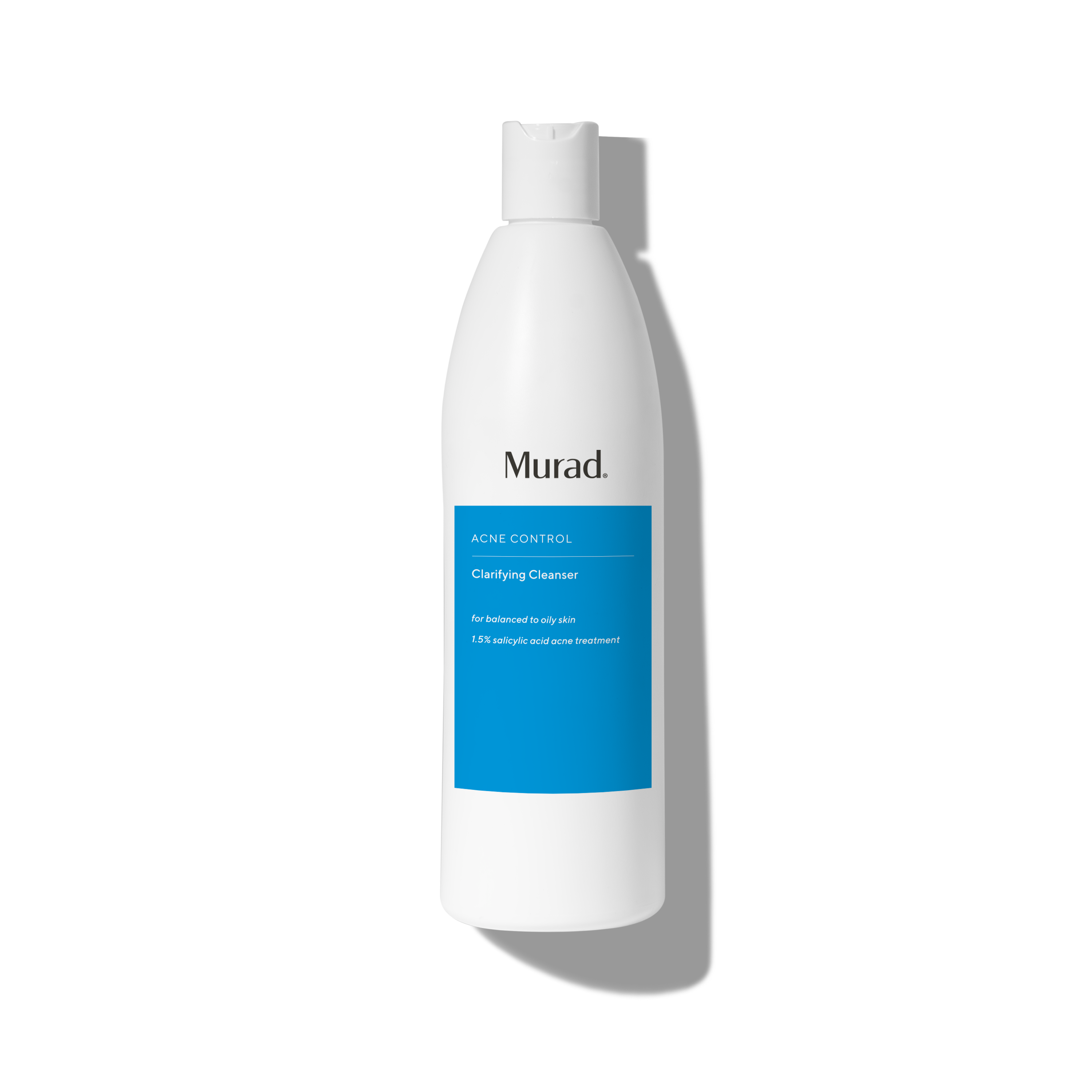 A white bottle of Murad Acne Control Clarifying Cleanser with a blue label, shown on a white background with a soft shadow.