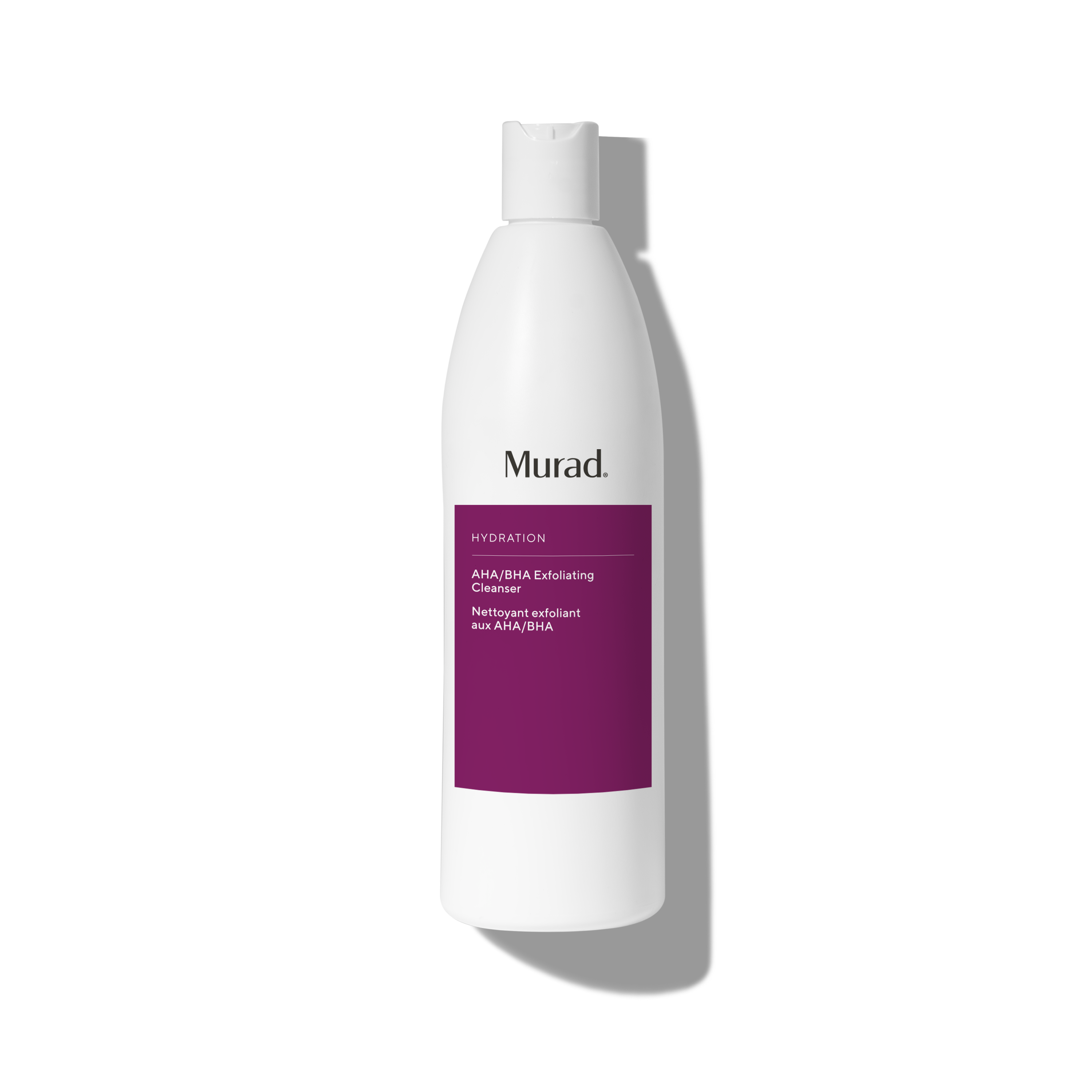 A white bottle of Murad Hydration Ana/Brava Exfoliating Cleanser with a prominent purple label, shown on a white background with a soft shadow.