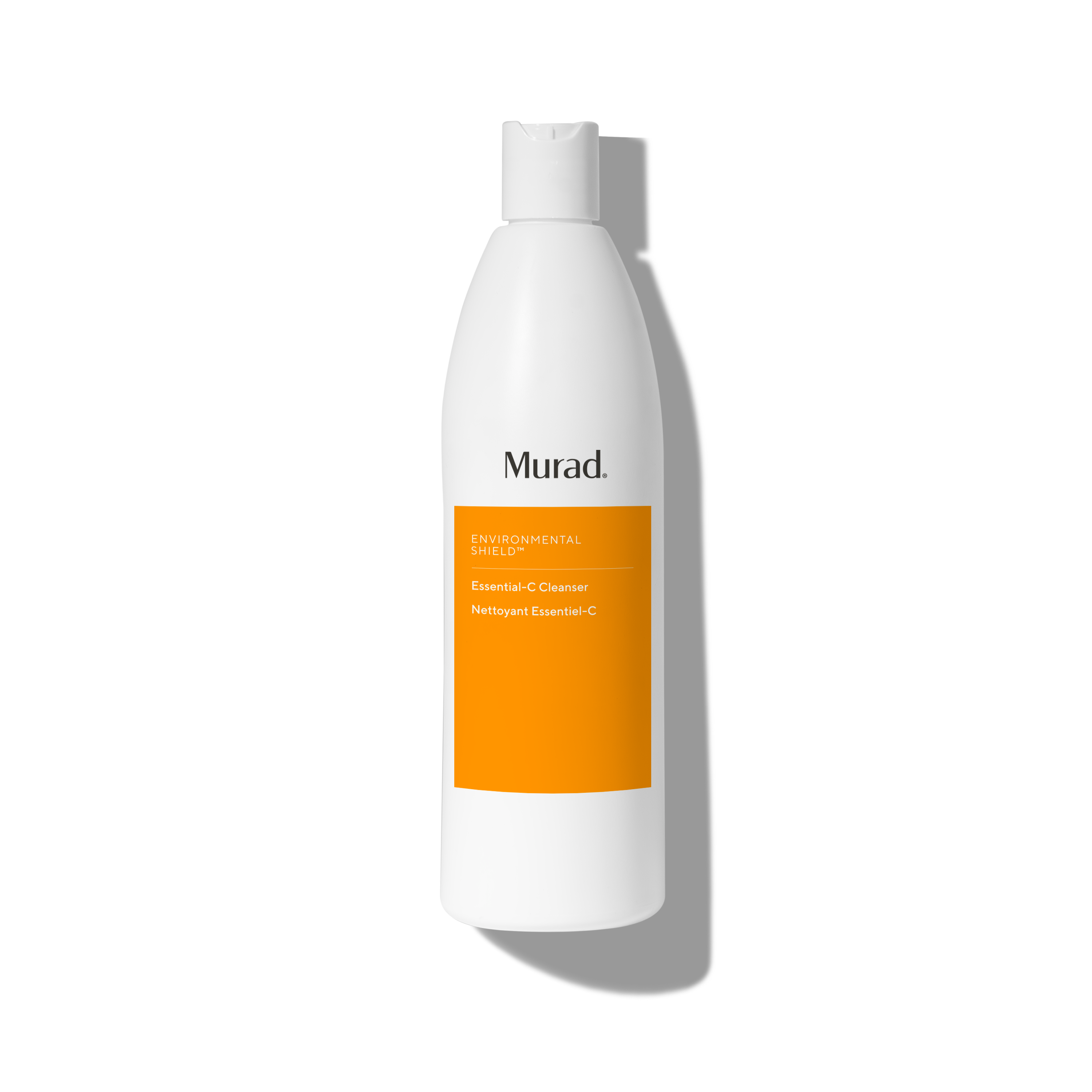 A white bottle of Murad Environmental Shield Essential C Cleanser with a bright orange label, shown on a white background with a soft shadow.